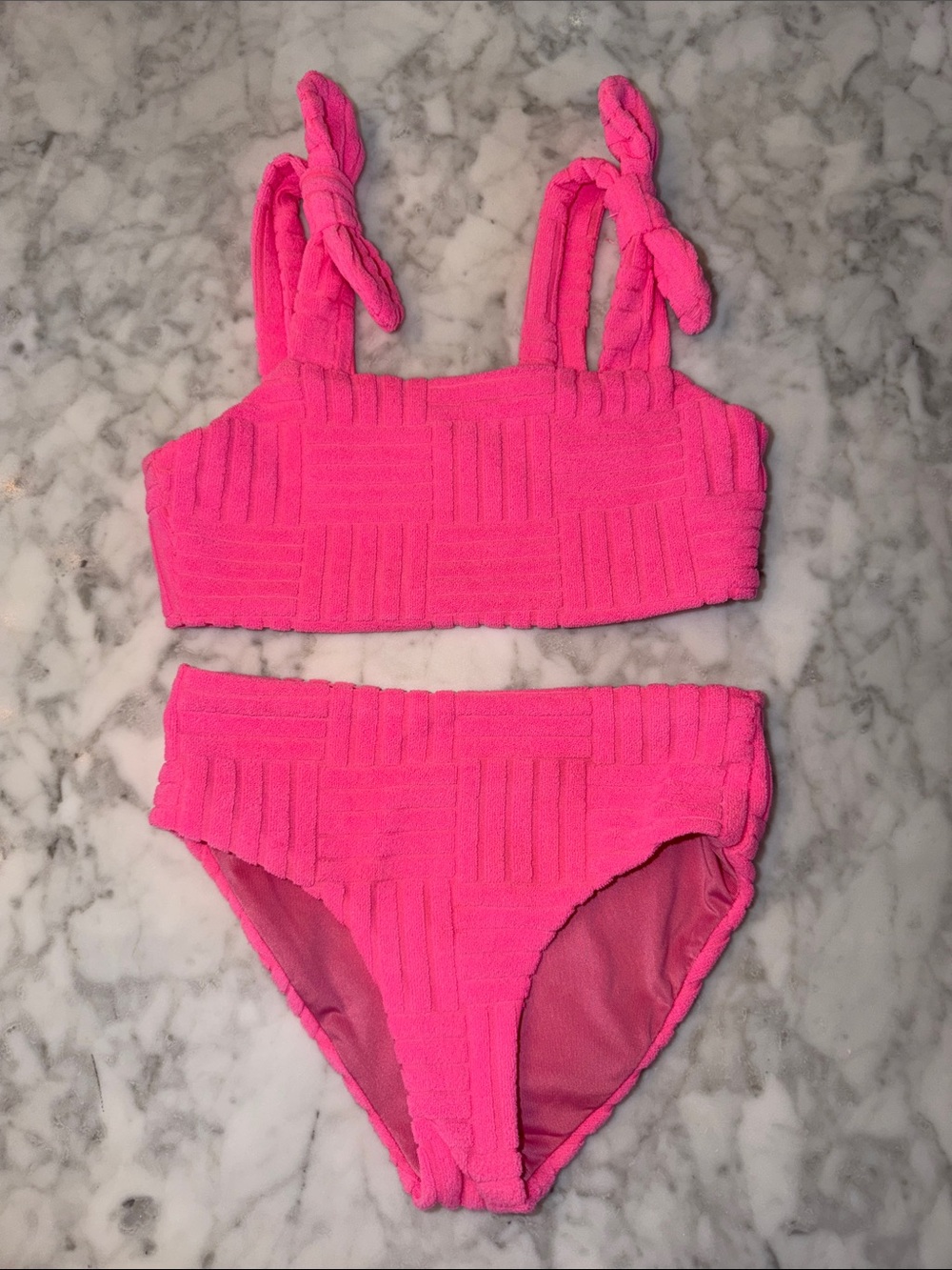 Beach Riot Bright Pink Textured Two-Piece Swim Set for Kids 3/4Y
